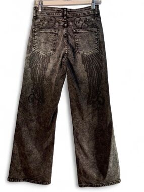 Women's Black Washed Wide-Leg Jeans with Wing Embroidery